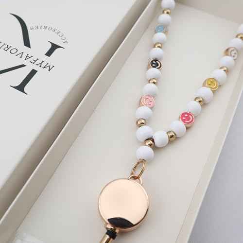 Smile Teacher Lanyard for Women with Retractable ID Badge Reel and Keychain Cute Happy Beads Lanyard