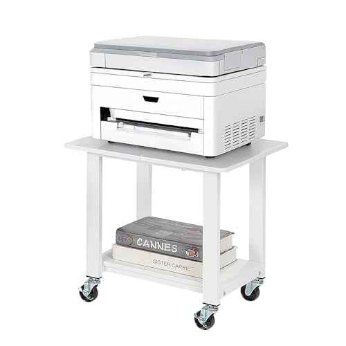 SunnyPoint 2-Tier Under Desk Printer Stand with Storage Shelf and Steel Frame, Industrial Mobile Printer Cart Holder with Lockable Wheels for Home and Office (WHT)