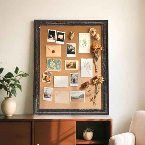 Cork Board Bulletin Board - 24" x 18" - Rustic Black Frame Corkboard for Wall - Decorative Pin Board, Message Board, Vision Board, Picture Board, Photo Board