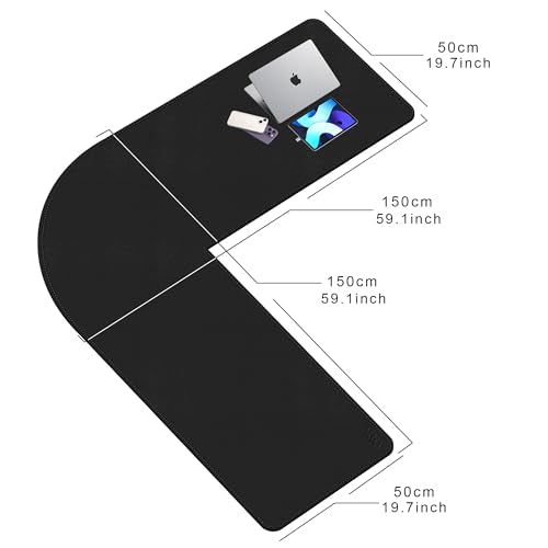 Vyaaa L Shaped Leather Desk Pad, 59" x 59" x 19.6" Large PU Leather Corner Desk Mat for Computer, Gaming, Writing, Home and Office£¨ Black£©