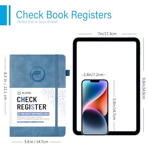 Blugool Checkbook Register 5.8 x 8.3 in Blue – 2834 Entries, 180° Flat, with Pen Loop & Pocket