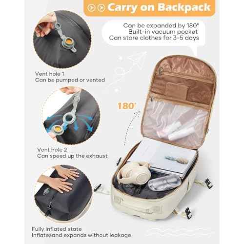 Vacuum Backpack With Pump,Travel Laptop Backpacks For Women Men,Airback Backpacks With Vacuum Compression Bags Seal Packing,Carry On Backpack, Personal Item Travel Bag Beige