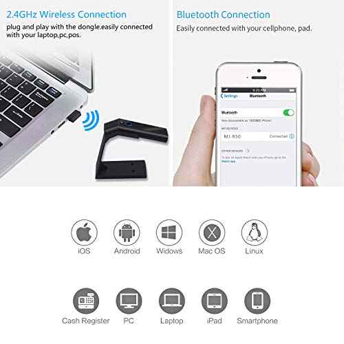 Portable 2D Bluetooth Wireless Barcode Reader Scanner with Stand, Symcode Handheld Cordless QR Bar Code Scanner 3-in-1 Bluetooth 4.1 & 2.4G Wireless & USB Wired Bar Code Reader Scanner with Stand