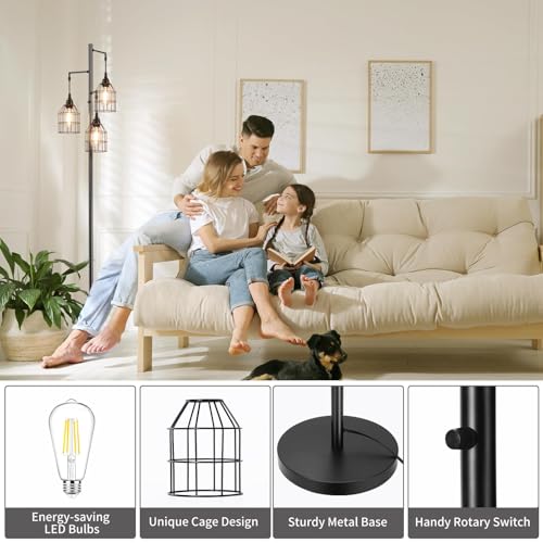 Sucolite 70" Dimmable Floor Lamp for Living Room, Industrial 3-Light Tree Floor Lamp Black with Cages, Farmhouse Rustic Tall Standing Lamp Floor Lighting for Bedroom Office, 3 Free LED Edison Bulbs
