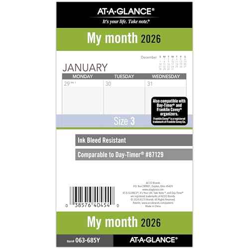 AT-A-GLANCE 2026 Planner Refill, Monthly, 3-3/4" x 6-3/4", Portable Size 3, Loose-Leaf (063-685Y-26)