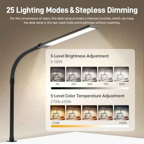 LED Desk Lamp for Home Office, Eye-Caring Desk Light with Clamp, 15W Double Head Architect Task Lamp Stepless Dimming, Flexible Gooseneck Bright Table Lamp for Study Reading Workbench Drafting