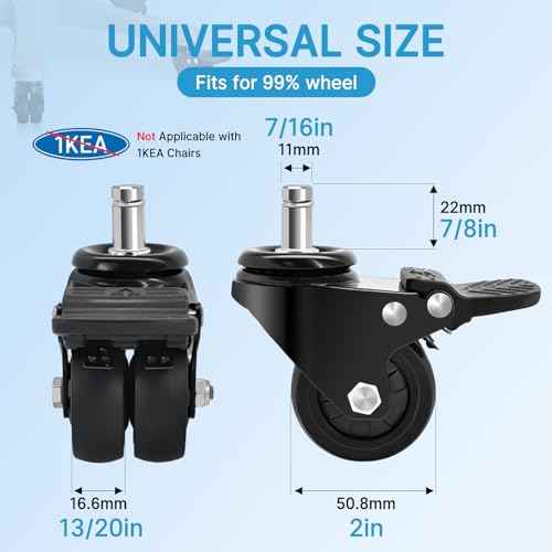 Nefish Office Chair Caster Wheels with Brake, 11mm, 2 Inch Heavy Duty Rubber Office Chair Wheel Replacement, Support 750lbs(Set of 5), Quiet Desk Chair Rollers, Safe for All Floors, Universal Fit