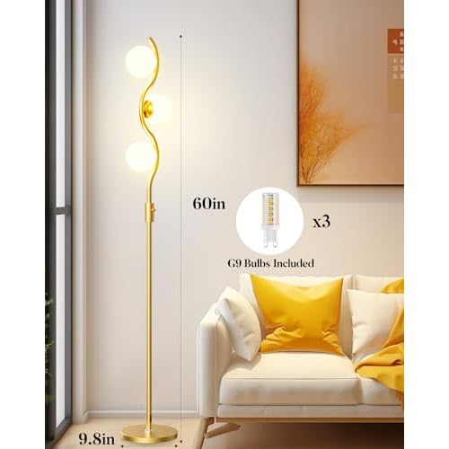 Lightdot 60IN Gold Floor Lamp Stepless Dimmable Globe Floor Lamps with 3Pcs 3000K G9 Bulbs Eye-Friendly Mid Century Standing Lamps with Stable Base for Living Room/Bedroom/Corner/Office