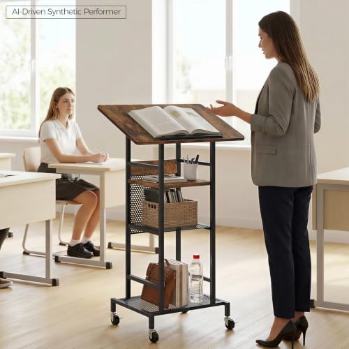 MAHANCRIS Rustic Brown & Black Podium Stand with Locking Wheels, 4-Tier Lectern