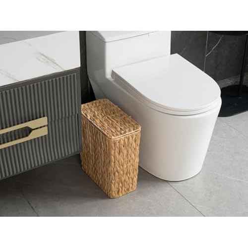 3 Gallon Wicker Trash Can,Small Bathroom Trash Can with Lid,Natural Water Hyacinth Wicker Waste Basket for Bedroom,Toilet,Narrow Garbage Can with Removable Liner