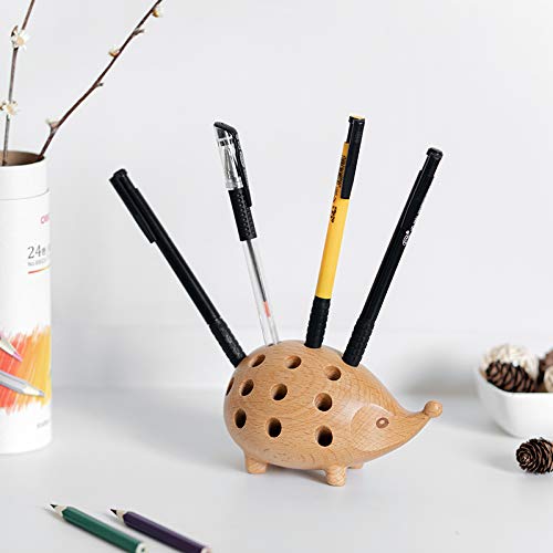 SANDECO Hedgehog Wooden Pen Cup Pencil Holder for Desk Decor Organizer Creative Home Tabletop Ornament Lovely Gift Wooden Storage