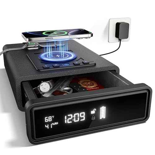 Smart Biometric Safe with Wireless Charging for Phone & Watch, 3 Access Methods to Unlock, Nightstand Drawer Safe LED Display with Humidity & Temperature Monitoring, Stopbox for Cash and Valuables