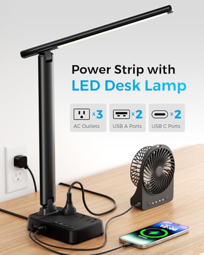 Sompaty Matte Black LED Desk Lamp with Power Strip, 3 AC Outlets, 4 USB Ports, Dimmable, 5FT