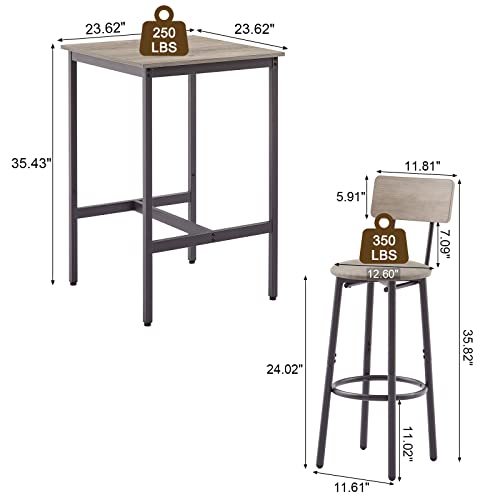 GNIXUU 3-Piece Grey Bar Table Set with Footrest, 23.62" Square Table & 12.6" Bar Stools