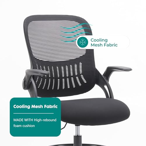 SMUG Drafting Chair with Flip-up Arms, Height Adjustable Standing Tall Office Desk Chair with Foot Ring, Ergonomic Swivel Computer Chairs with Rolling Wheels, Black