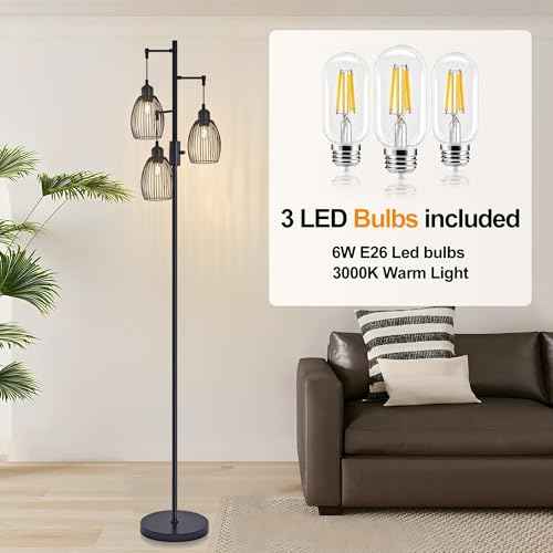 Dimmable Industrial Floor Lamps Black for Living Room with Heavy Base and 3 x 6w LED Bulbs Lamp, 68" Farmhouse Industrial Floor Lamp for Bedroom, Office, Home Decor