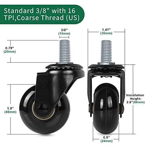 8T8 2" Office Chair Caster Wheels Replacement for Carpet, Heavy Duty Rubber Chair Wheels with Threaded Stem 3/8''-16x1, Quiet and Smooth Rolling for Hardwood Floors - Set of 5