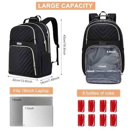 Lunch Backpack for Women, Water Resistant Insulated Cooler Lunch Bag, 15.6 inch Laptop Backpacks with USB Port, Picnic Backpack with Lunch Box for College Work Camping Beaches, Black