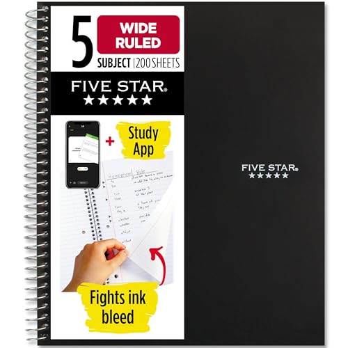 Five Star 5-Subject Spiral Notebook, Wide Ruled, Water-Resistant Cover, 8x10.5 inches, 200 Sheets, Study & Office Use