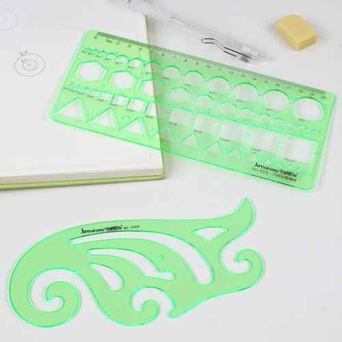 15PCS Geometric Drawings Templates,Transparent Green Plastic Ruler, Drafting Stencils Measuring Tools, Measuring Geometry Rulers for Office, Studying
