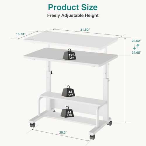 OLIXIS White 32in Rolling Adjustable Desk with Storage Shelves - Home Office