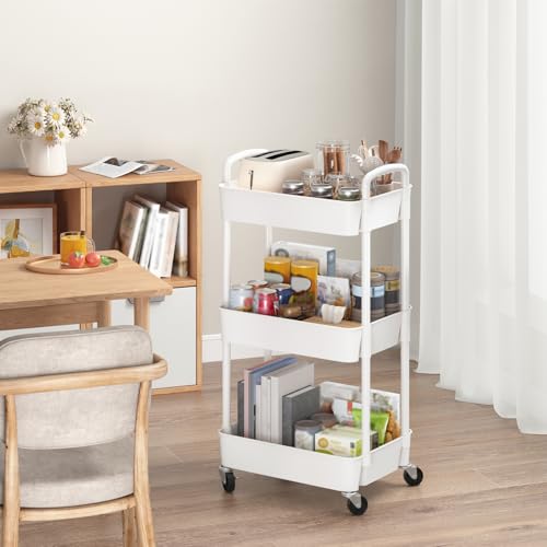 Sywhitta 3-Tier White Plastic Utility Cart with Lockable Wheels for Storage