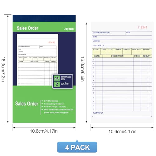 Joyberg 4-Pack Receipt Book with Carbon Copies 2-Part White & Yellow, 40 Sets/Book, 4.17 x 7.2 in