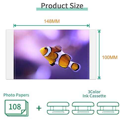 Compatible Canon Selphy CP1500 Ink and Paper KP-108IN KP108 3 Color Ink Cartridges and 108 Sheets 4x6 Photo Paper Glossy for Canon Selphy CP1500, CP1300, CP1200, CP1000, Compact Photo Printers