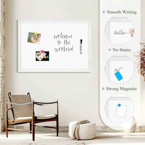 4 THOUGHT Dry Erase Board, 24 x 18 in Magnetic Whiteboard Wood Frame Wall-Mounted White Board Decorative Planner Notice Board for School, Office, Home, 8 Magnets 4 Markers 1 Eraser, White