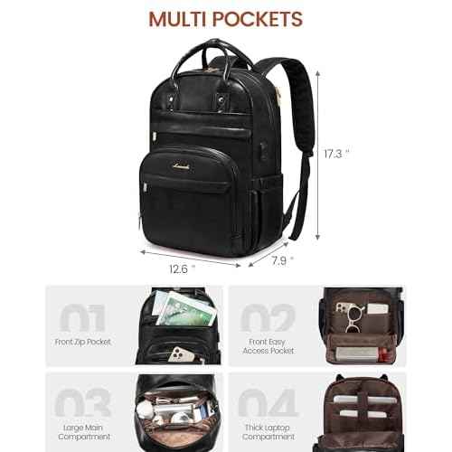 LOVEVOOK Vintage PU Leather 15.6 inch Women's Laptop Backpack, Black, 25L, Water Resistant, USB Charging Port