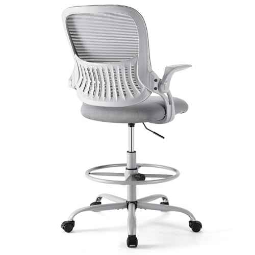 DUMOS Drafting Chair for Standing Desk, Counter Height Adjustable, Flip-up Arms, Ergonomic Mid Back Mesh Rolling Work Swivel Office Computer Chairs with Wheels, Grey