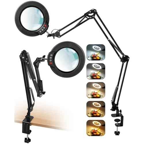 10X Magnifying Glass with Light and Clamp, Ultra Long 3 Section Swing Arm LED Desk Lamp, 5 Color Modes Stepless Dimmable, Hands Free Lighted Magnifier with Stand for Repair Reading Crafting Close Work