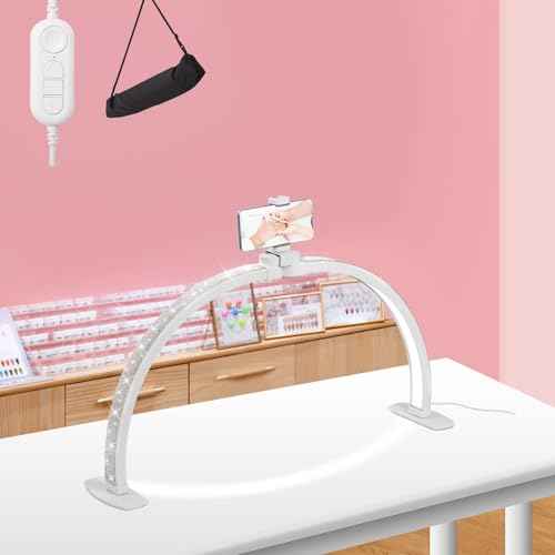 Upgraded Half Moon Light with Phone Holder, 23in Foldable Half Moon Light for Nail Desk, Nail Table Lamp with Stepless Dimming & Color Temperature (Small-23In)