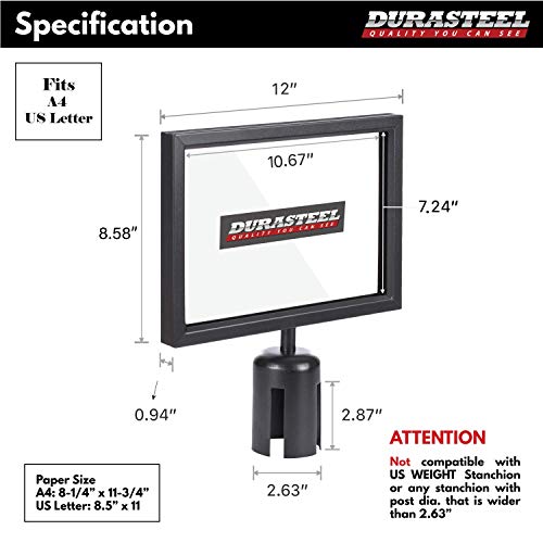 DuraSteel Stanchion Sign Holder - Landscape Display for 8.5" x 11" Paper Size - Double Sided Sign Frame with Plexiglass Cover - NOT Fit with US Weigh Sentry Stanchion - Crowd Control & Queue Barrier