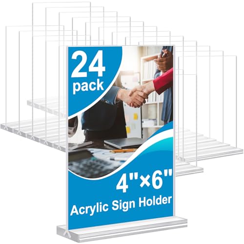 Acrylic Sign Holder 4x6 Inches 24 Pack, Double Sided Clear Display Stand Table Top Sign Paper Holder, Vertical Menu Flyer Holder, Plastic Sign Frame for Stores, Restaurants, Hotels, Office