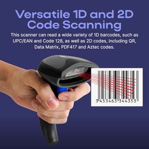 Barcode Scanner, Wireless and Bluetooth 1D and 2D Code Reading, Long Wireless Range 65m, 1200mAh Battery, USB, High Speed Scanning for Inventory and Point of Sale