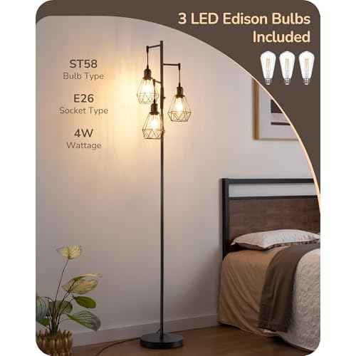 EDISHINE 70IN Farmhouse Floor Lamps for Living Room, Dimmable Industrial Tall Standing Lamps 3 LED Edison Bulbs Included, Diamond-Shaped Cage, Rustic Tree Corner Light for Bedroom, Office, Black