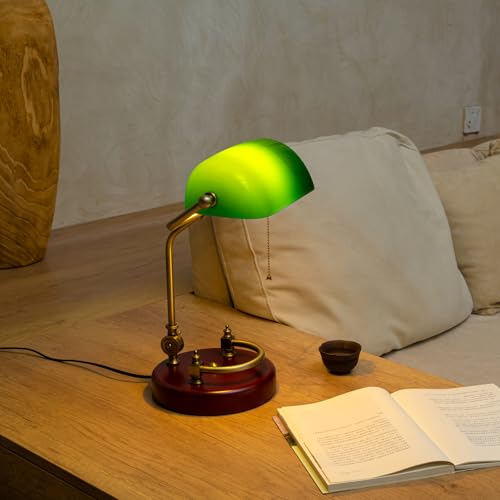 Bankers Lamp, Traditional Green Desk Lamp with Solid Birch Wood Base, Green Glass Antique Library Lamp with Pull Chain Switch, Plug in Vintage Bankers Desk Lamp for Office, Study Room ¡¼E26 Socket¡½