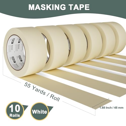 10 Pack Masking Tape 2 Inch Wide Bulk, 2025 Upgrade White Painters Tape Anti-UV General Purpose, 1.88 Inch ¡¿ 55 Yards Total 550 Yards