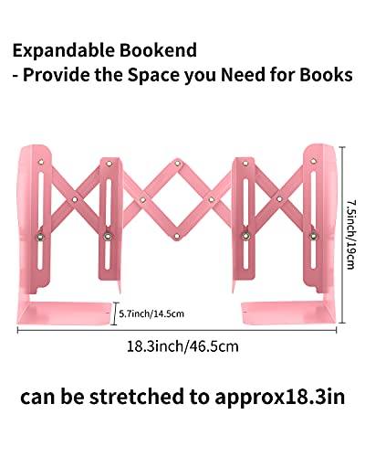 Pink Adjustable Heavy Bookends for Shelves & Desk, Extends Up to 19 Inches