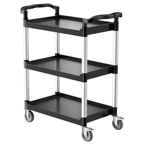 VEVOR Utility Cart, 300 lbs Load Capacity, 3-Tier Utility Plastic Cart with 360¡Æ Swivel Wheels (2 with Brakes), 24.4 x 16.1-inch Food Service Cart for Warehouse, Office, Home, Restaurant, Kitchen
