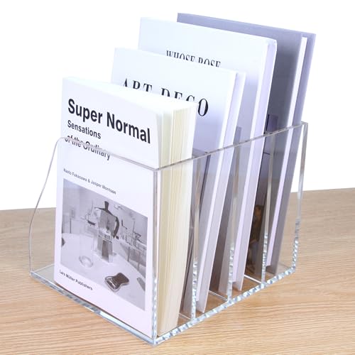 Acrylic Magazine File Holder, 4 Vertical Compartments Desk Document Sorter Organizer, Clear Folder Rack Binder for Office/Home/Classroom, for Documents, Tablet, Magazines, Books & Accessories