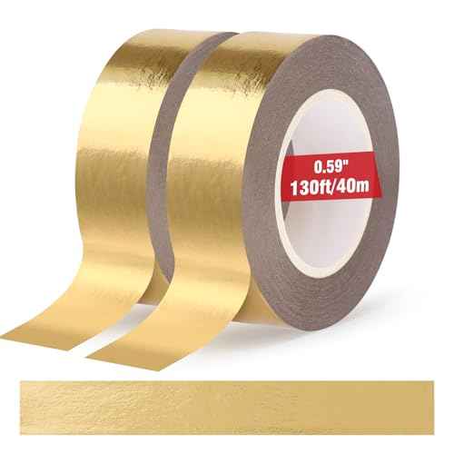 2 Rolls Gold Washi Tape 0.59In ¡¿ 130Ft (Total 40m) Low Tack Solid Foil Gold Tape, Shiny Metallic Decorative Tape for Wall Mirror Decor Crafts Christmas Gift Wrapping