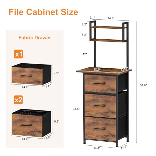 Snughome Rustic Brown 51.6'' Tall 3-Drawer File Cabinet with 19.7'' Extended Desktop