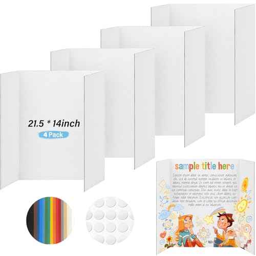 4 Pcs Trifold Poster Board, 21.5x14 inches Small White Poster Board Comes with Sticky Accessories, Corrugated Presentation Boards, Display Board for School Projects, Business Presentations
