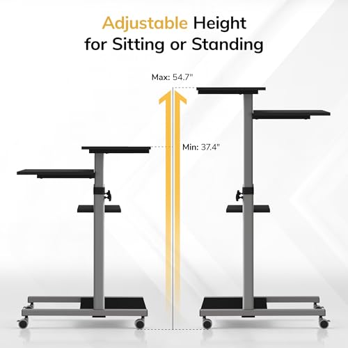Mount-It! Grey Rolling Standing Desk on Wheels, 54.7" Adjustable Height, 27.5" Wide Mobile Workstation
