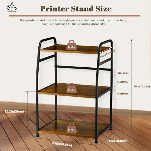 Printer Stand - Large 3 Tier Printer Table with Adjustable Storage Shelf - Rolling Cart with Wheels -Stable Desk for Home Office Use (Rustic Brown)