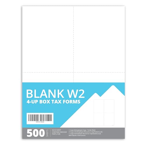 Blank 2025 W2 4-Up Box Format, 500-pack, 500 Employee Forms, Designed for QuickBooks and Accounting Software, Ideal for E-Filing, Works with Laser or Inkjet Printers, 500 Four Part Forms