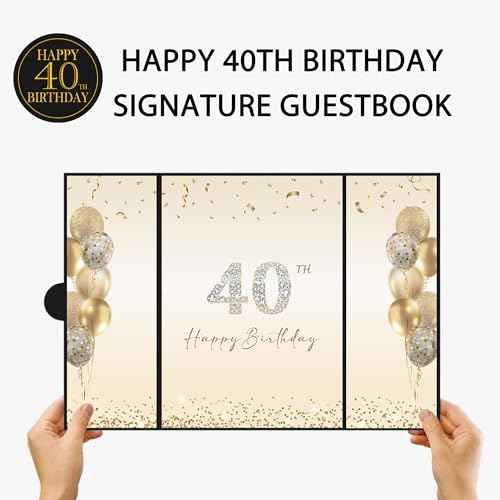 DARUNAXY Black Gold 40th Birthday Party Decorations, Happy 40th Birthday Alternative Signature Guest Book for Men Women 40 Years Old Table Sign Picture Frame Gift 40 Birthday Card Board Party Supplies