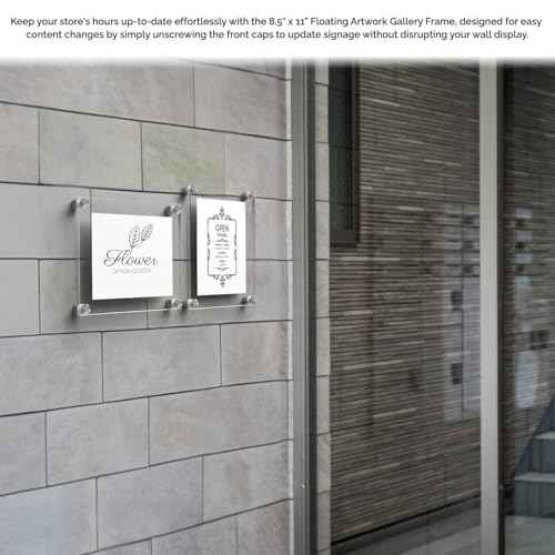 Wall Sign Holder Floating Clear Acrylic Wall Frame Holds 8.5 x 11 with Silver Standoffs Overall Dimensions 11.5" x 14" Peel Protective Film Art Gallery Lobby Directory Office by Marketing Holders